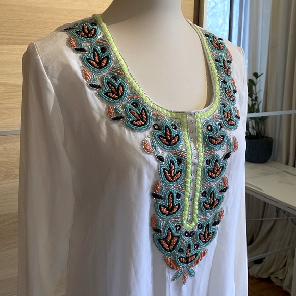 Flint Moss Beach size Small Beaded Swim Coverup White Sheer - Picture 3 of 9